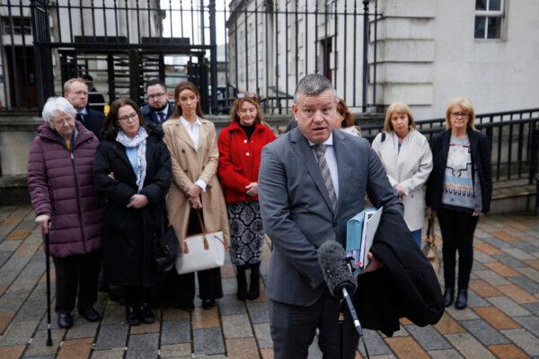 Solicitor Niall Murphy speaks to the media outside Belfast High Court in Belfast, Northern Ireland, on Feb. 20, 2025. (Liam McBurney/PA Wire)