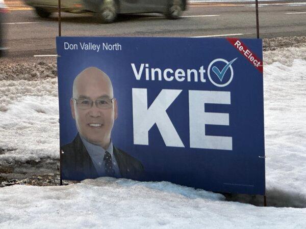 A campaign sign for Independent candidate Vincent Ke is seen in the Don Valley North riding of Toronto on Feb. 26, 2025. (The Epoch Times)