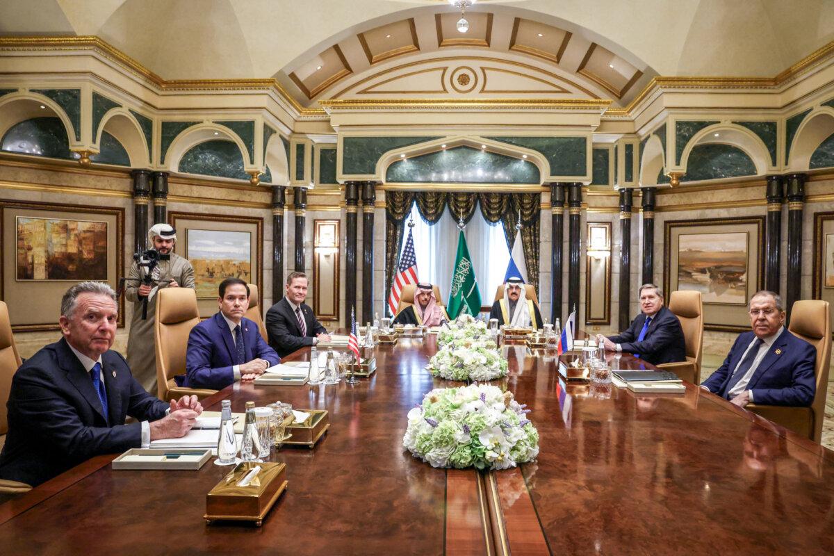 Top U.S. and Russian officials hold landmark talks in Saudi Arabia on Feb. 18, 2025. (Evelyn Hockstein/AFP via Getty Images)