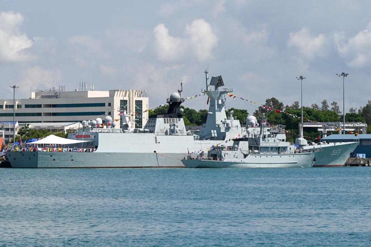 Two Chinese warships are seen docked at Changi Naval Base in Singapore on May 4, 2023. (Roslan Rahman/AFP via Getty Images)