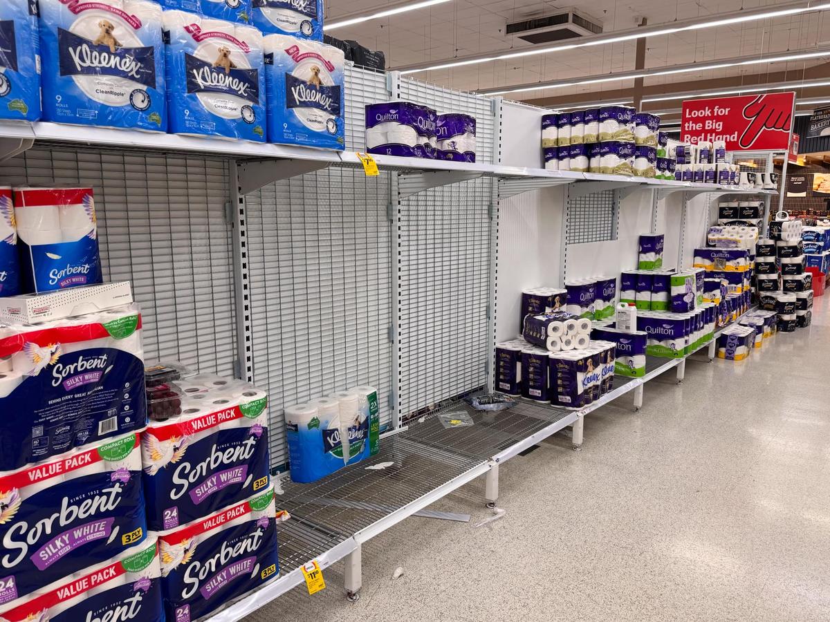 Bare shelves at a Coles store in Sunnybank Hills in Brisbane, Australia on March 3, 2025, as residents prepare for Cyclone Alfred. (Daniel Y. Teng/The Epoch Times)