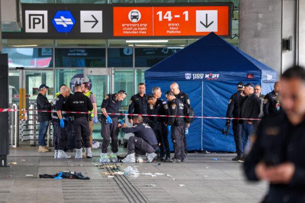 Members of the Israeli security and emergency services deploy at the site of a stabbing attack at a central bus station in Haifa, Israel, on March 3, 2025. (Jack Guez/AFP via Getty Images)