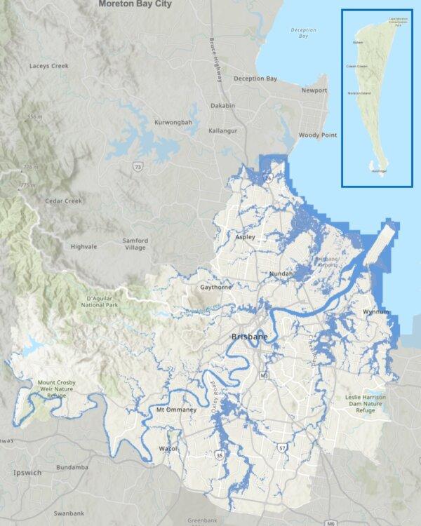A Brisbane council map shows the areas likely to be inundated by flooding or storm surges. (Courtesy of Brisbane City Council)