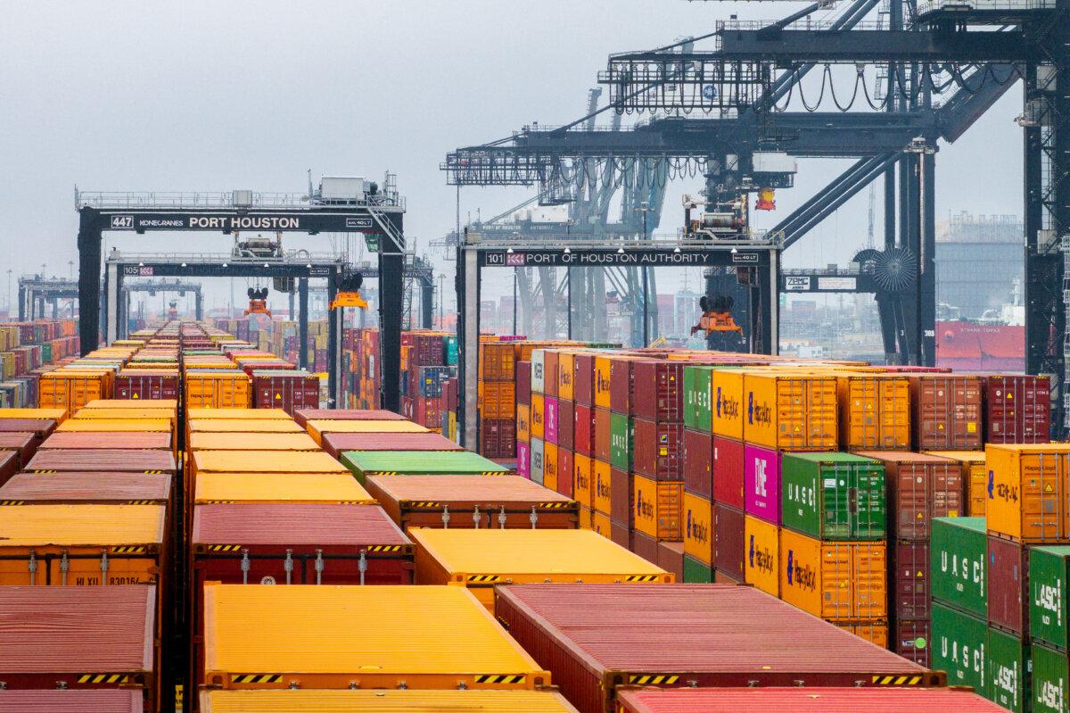 In an aerial view, shipping containers are organized at the Houston Port of Authority in Houston, Texas, on Feb. 10, 2025. (Brandon Bell/Getty Images)