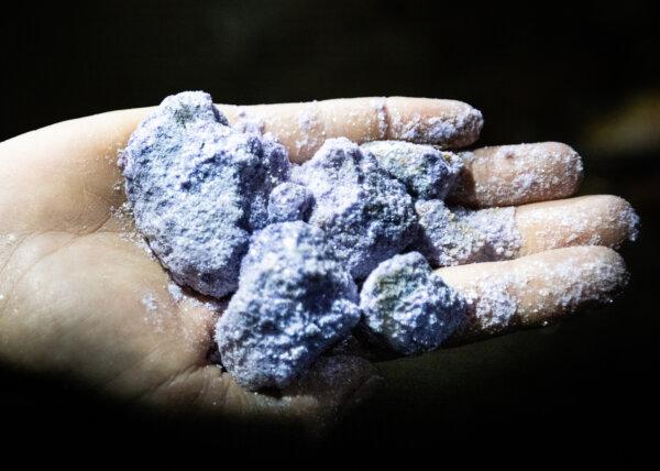 Lithium-rich lepidolite near Pala, Calif., on Dec. 27, 2024. (John Fredricks/The Epoch Times)