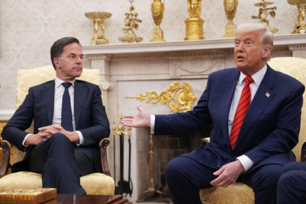 NATO Secretary General Mark Rutte and U.S. President Donald Trump hold a meeting in the Oval Office in Washington on March 13, 2025. (Andrew Harnik/Getty Images)
