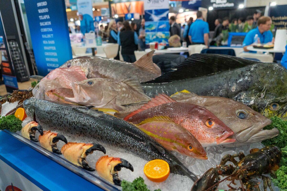 Seafood products showcased at the Seafood Expo North America in Boston, Mass., on March 16, 2025. (Learner Liu/The Epoch Times)