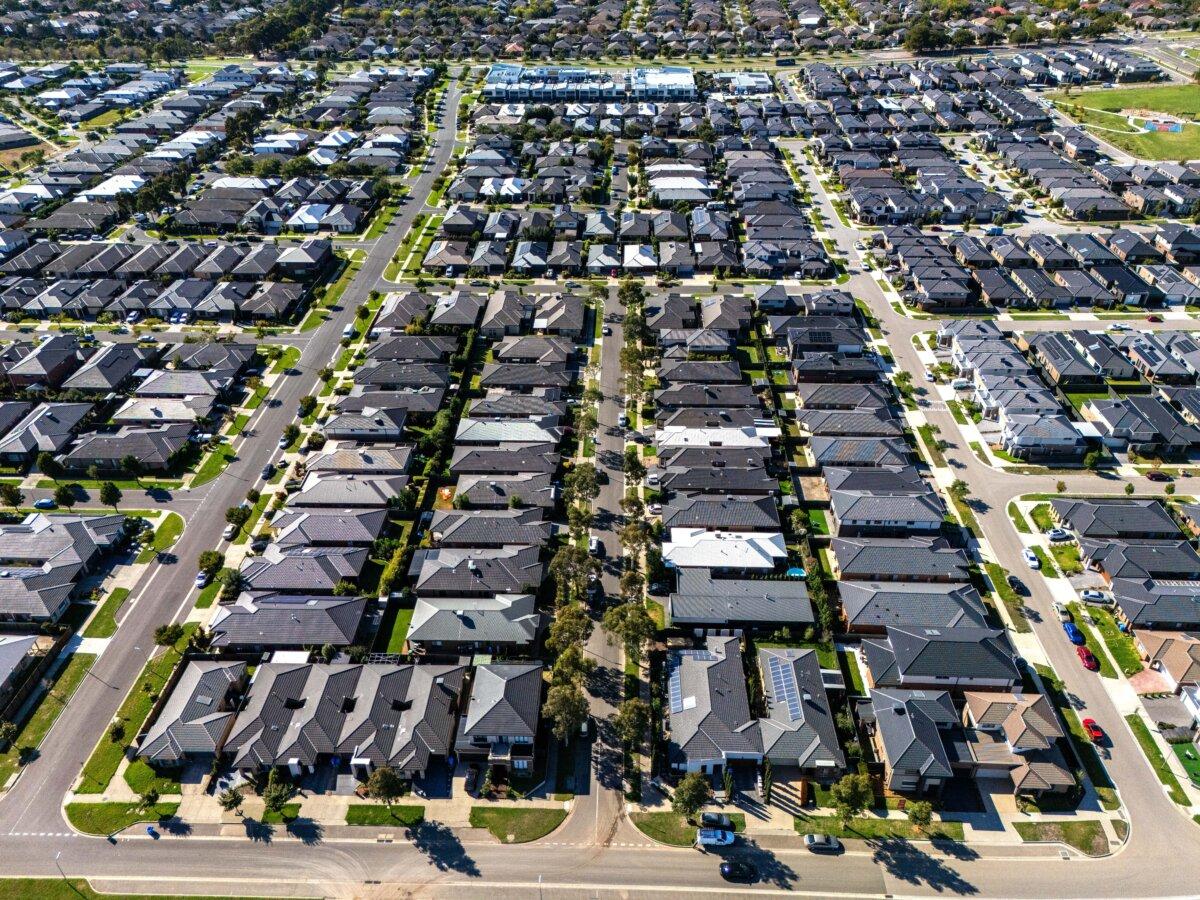 An aerial view of completed housing in a recently developed estate in Clyde North in the federal seat of Holt in Melbourne's south-east in Australia on March 26, 2025. (Asanka Ratnayake/Getty Images)