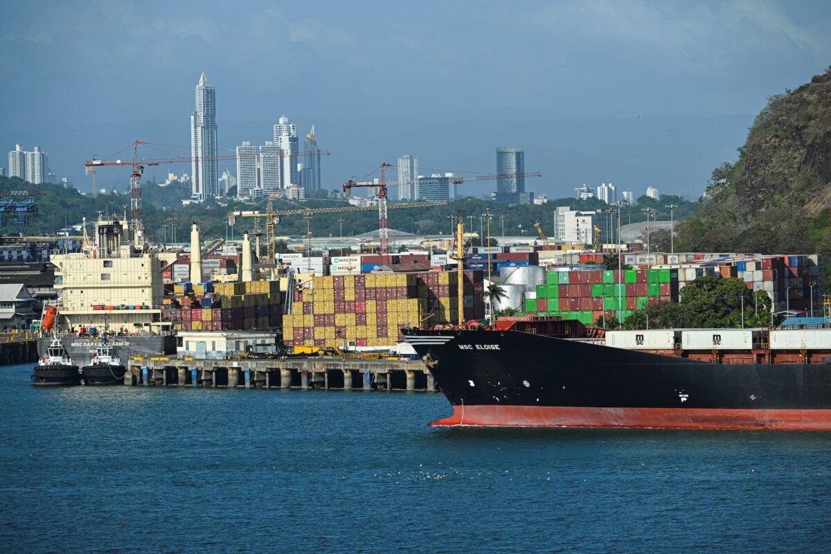 A cargo ship waits at Balboa Port before crossing the Panama Canal in Panama City on Feb. 4, 2025. (Martin Bernetti/AFP via Getty Images)