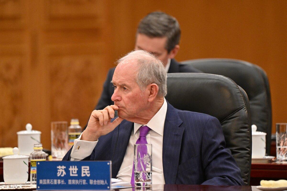 Stephen Schwarzman (C), CEO and chairman of Blackstone Group, attends a meeting between Chinese leader Xi Jinping and a group of foreign executives at the Great Hall of the People in Beijing on March 28, 2025. (Adek Berry/AFP via Getty Images)