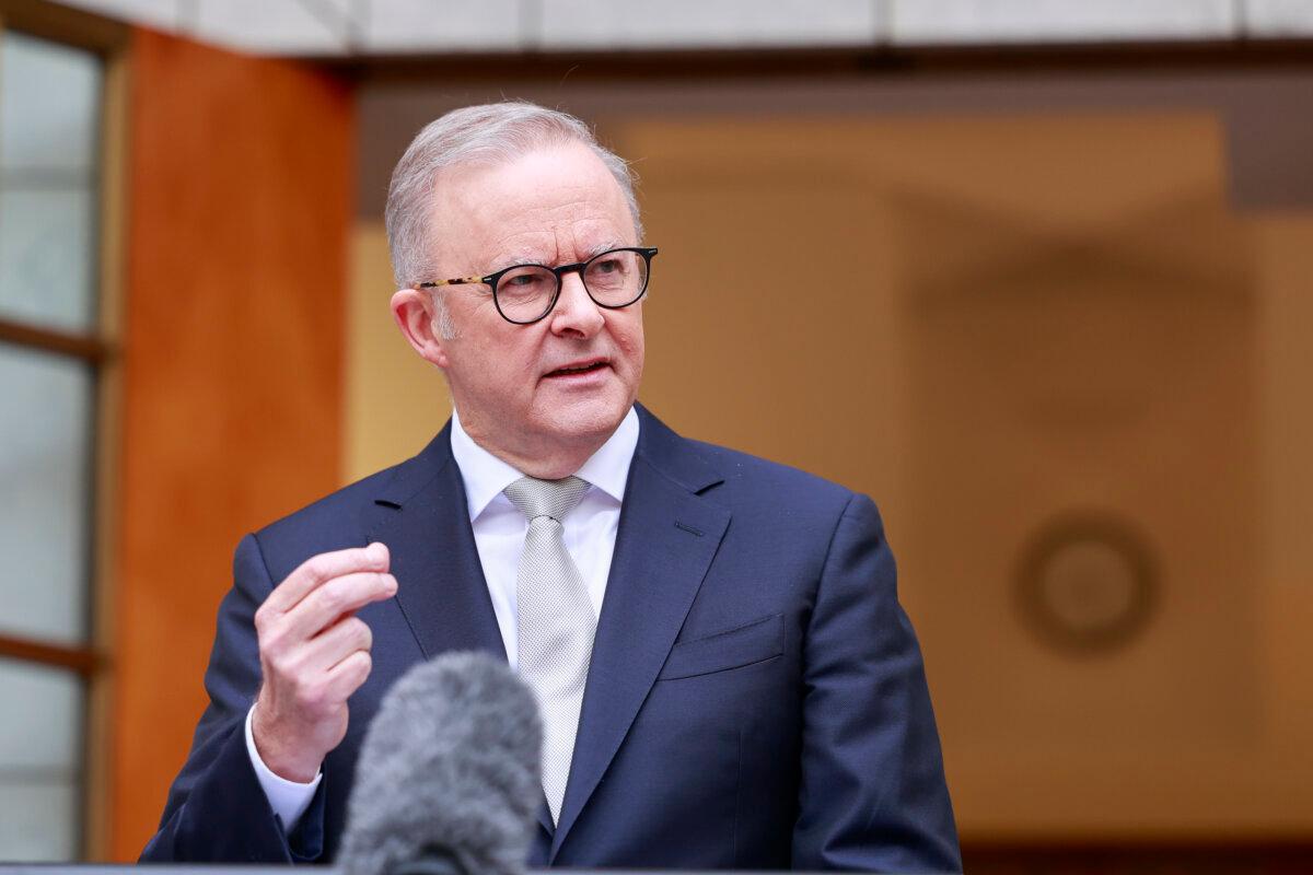Prime Minister of Australia, Anthony Albanese addresses the media at Parliament House in Canberra, Australia on March 28, 2025. (Hilary Wardhaugh/Getty Images)