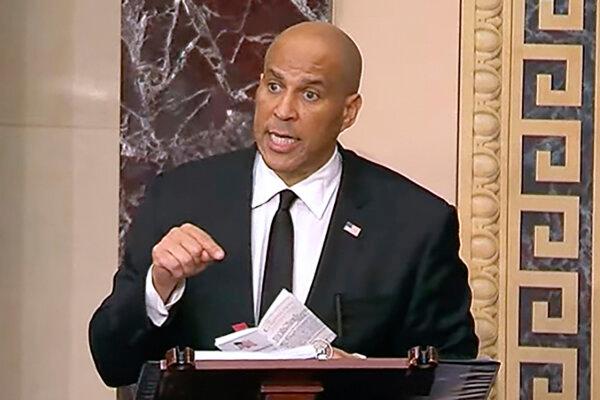 In this image provided by Senate Television, Sen. Cory Booker (D-N.J.) speaks on the Senate floor in Washington on April 1, 2025. (Senate Television via AP)