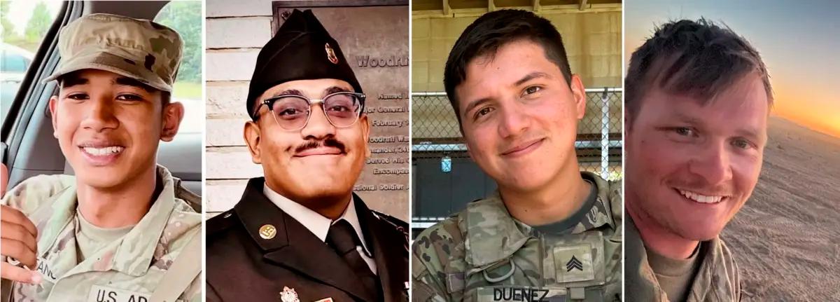 This combination of images shows from left, Army Pfc. Dante D. Taitano, 21, of Dededo, Guam; Army Sgt. Edvin F. Franco, 25, of Glendale, Calif.; Army Sgt. Jose Duenez Jr., 25, of Joliet, Ill.; and Army Staff Sgt. Troy S. Knutson-Collins, 28, of Battle Creek, Mich. They were killed in a training accident near Pabradė, Lithuania, in March 2025. (Department of Defense via AP)