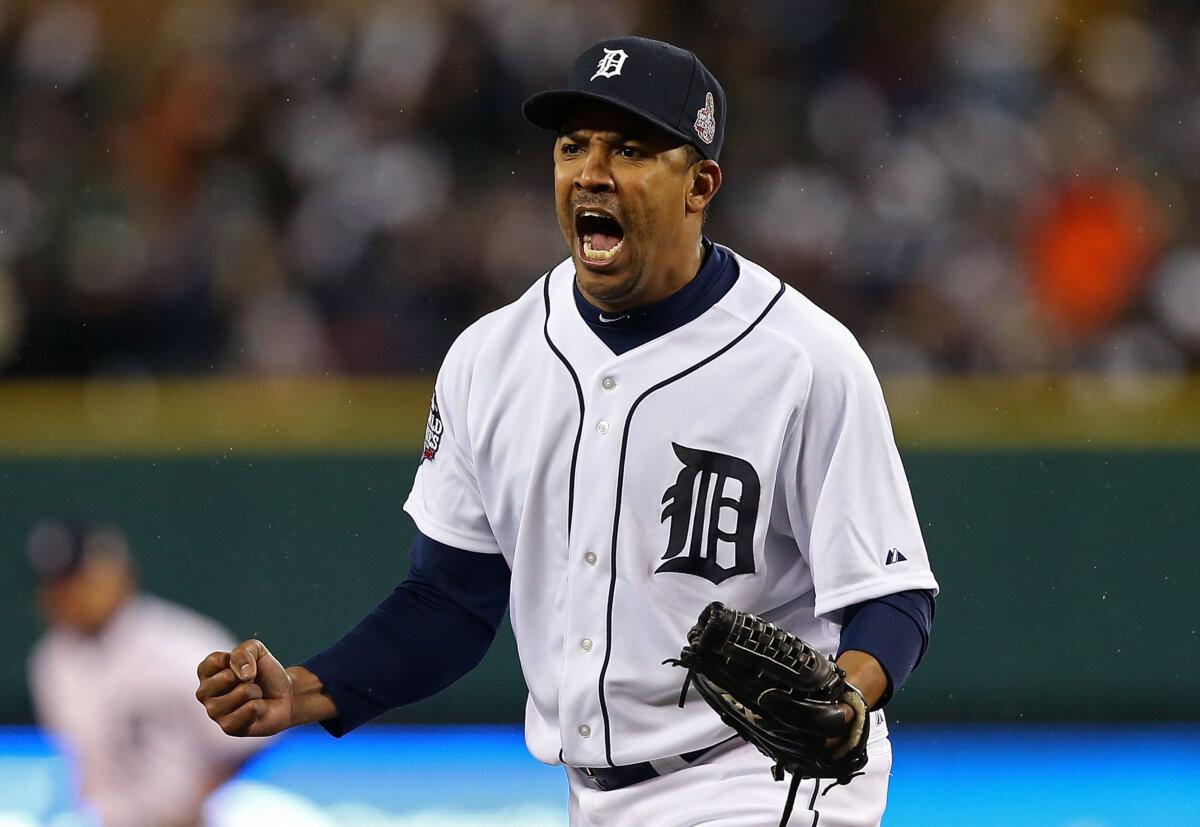 Octavio Dotel of the Detroit Tigers reacts after striking out Buster Posey of the San Francisco Giants during Game Four of the Major League Baseball World Series in Detroit on Oct. 28, 2012. He died on April 8, 2025. (Ezra Shaw/Getty Images)