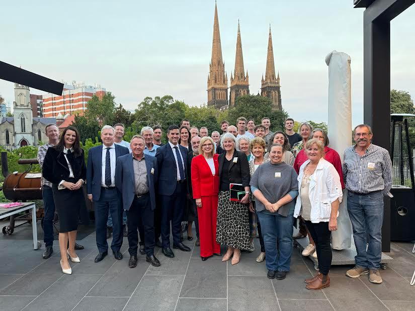 Colbinabbin residents alongside Members of Parliament Annabelle Cleeland, David Davis, Opposition Leader Brad Battin, Wendy Lovell, and Campaspe Shire Councillors Paul Jarman and Tony Marwood at Victorian Parliament House. (Courtesy of Colbinabbin Renewables Action Group)