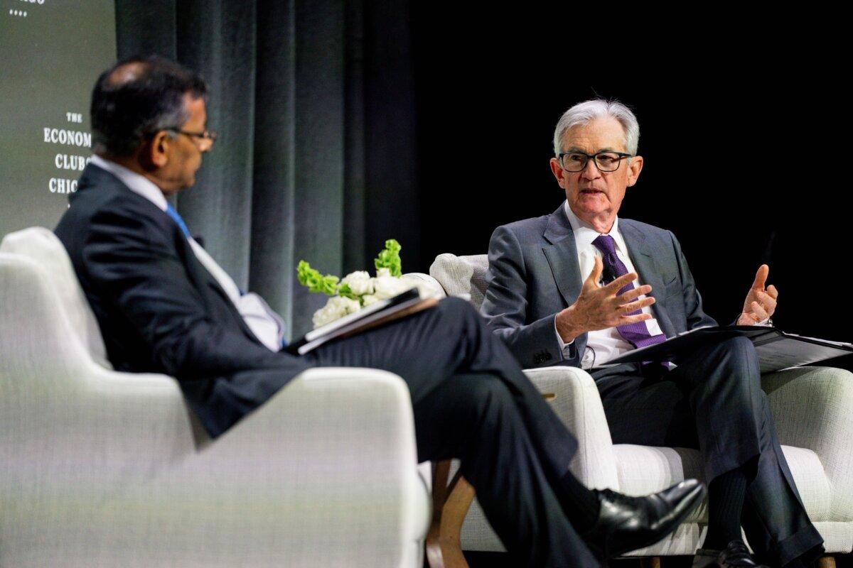 Federal Reserve Chair Jerome Powell speaks with Raghuram Rajan, a professor of finance at the University of Chicago's Booth School, during an Economic Club of Chicago event in Chicago on April 16, 2025. (Vincent Alban/Getty Images)