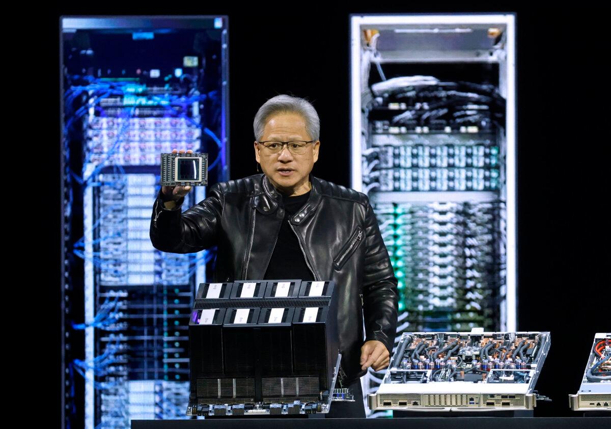 Nvidia CEO Jensen Huang delivers the keynote address during the Nvidia GTC 2025 in San Jose, California, on March 18, 2025. (Justin Sullivan/Getty Images)