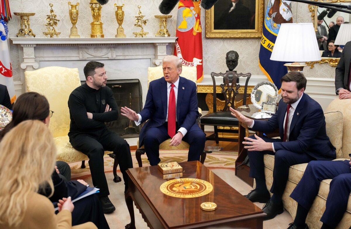 U.S. President Donald Trump and Vice President JD Vance meet Ukrainian President Volodymyr Zelensky at the White House on Feb. 28, 2025. (Photo by Andrew Harnik/Getty Images)