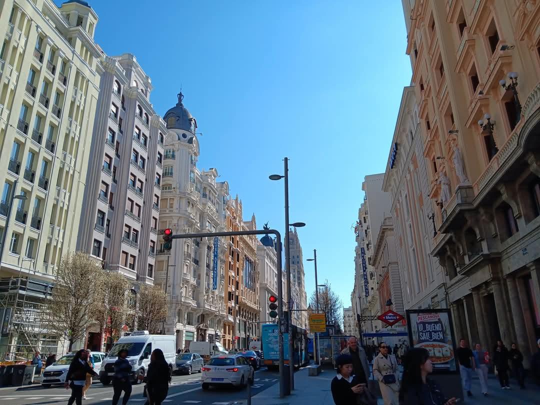 High-rise housing along Gran Via street in Madrid, on March 28, 2025. (Autumn Spredemann/The Epoch Times)