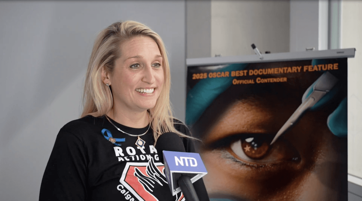 Amelia Stansell, vice chair of the Rotary Action Group Against Slavery, at a screening of the documentary “State Organs” at the Calgary Central Library on June 23, 2025. (NTD News)