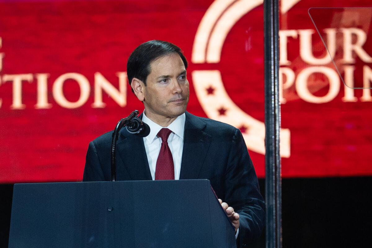 Secretary of State Marco Rubio speaks at the Building a Legacy: Remembering Charlie Kirk Memorial event at the State Farm Stadium in Glendale, Ariz., on Sept. 21, 2025. (Madalina Kilroy/The Epoch Times)