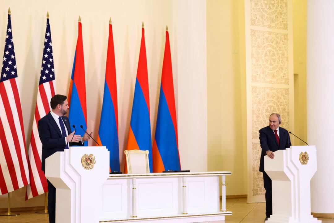 YEREVAN, ARMENIA - FEBRUARY 9: U.S. Vice President JD Vance (L) participates in a joint press conference with Armenia's Prime Minister Nikol Pashinyan on February 9, 2026 in Yerevan, Armenia. In the first visit to Armenia of a sitting U.S. vice president, Vance is meeting Armenian Prime Minister Nikol Pashinyan, who signed a deal intended to reopen key transportation routes with Azerbaijan. (Photo by Kevin Lamarque-Pool/Getty Images)