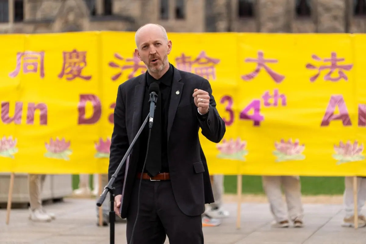 Conservative MP Michael Guglielmin celebrates World Falun Dafa Day on Parliament Hill in Ottawa on May 5, 2026. (Jonathan Ren/The Epoch Times)