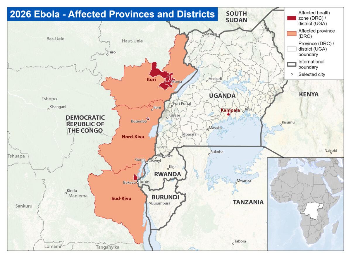 The Ebola Bundibugyo outbreak in the Democratic Republic of the Congo, as of May 23, 2026, has been confirmed in Ituri, Nord-Kivu, and Sud-Kivu provinces. Five cases related to the Congo outbreak also have been reported in Uganda's capital, Kampala. (Supplied/CDC)