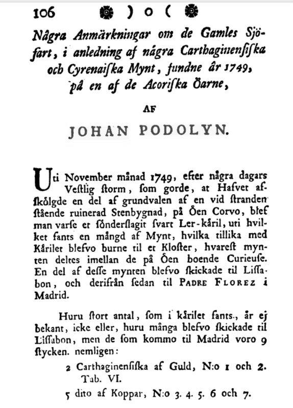 An excerpt from Johan Frans Podolyn's 1778 article in the Publications of the Royal Society of Sciences and Letters in Gothenburg. (Public Domain)