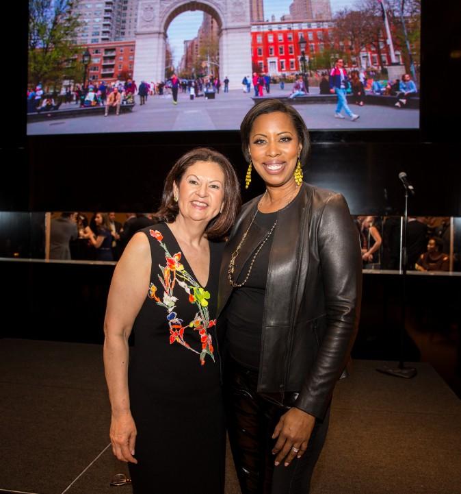 Ellie Johnson, president of the Berkshire Hathaway HomeServices New York Properties, with a guest at the Berkshire Hathaway HomeServices New York celebration. (Benjamin Chasteen/The Epoch Times)