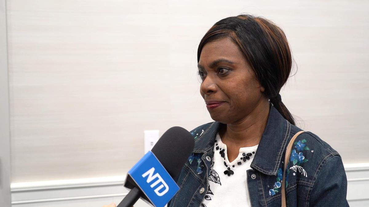 Brenda Mennella, a middle school teacher planning to run for state senate in Delaware, attends the documentary screening of “Medical Genocide” at Goldey-Beacom College (GBC) in Delaware on April 10, 2024. (Andrew Li/The Epoch Times)