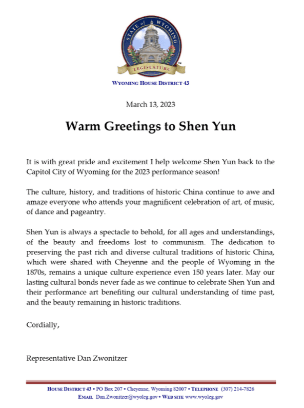 Congratulatory letter from Wyoming State Representative Dan Zwonitzer