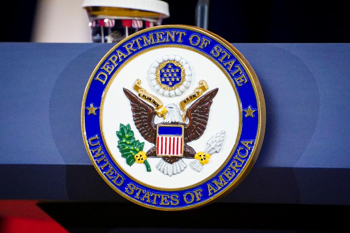 The podium at the State Department in Washington on April 11, 2023. (Madalina Vasiliu/The Epoch Times)
