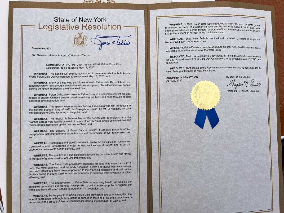 Screenshot of New York State Senate's commemoration resolution on April 25, 2023. (Screenshot via The Epoch Times)