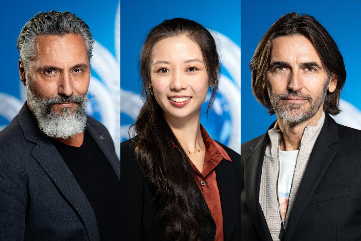(L-R) Gabriel Georgiou, Alison Chen, and Mark Lubric, three of the judges in the NTD Global Chinese Beauty Pageant, in Purchase, N.Y., on Sept. 27, 2023. (Samira Bouaou/The Epoch Times)