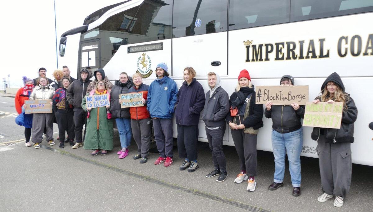 Demonstrators disrupting Home Office coaches trying to take illegal immigrants to the Bibby Stockholm barge from a hotel in Margate, Kent, in April 2024. (PA)