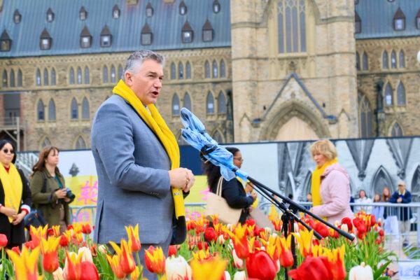 Conservative MP James Bezan speaks during the Falun Dafa Day event on Parliament Hill in Ottawa on May 8, 2024. (Jonathan Ren/The Epoch Times)