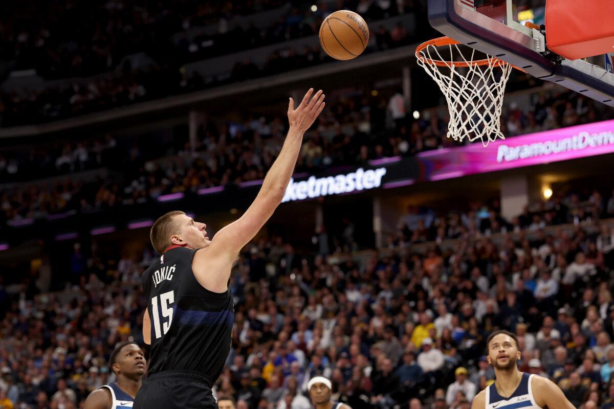 Nikola Jokic #15 of the Denver Nuggets shoots during the first quarter in Game Two of the Western Conference Second Round Playoffs against the Minnesota Timberwolves at Ball Arena in Denver, Colorado, on May 6, 2024. (Matthew Stockman/Getty Images)