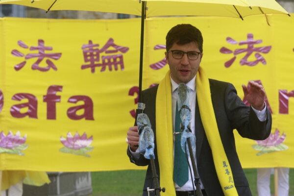 Conservative MP Garnett Genuis speaks during the Falun Dafa Day event on Parliament Hill in Ottawa on May 8, 2024. (Kano Ye/The Epoch Times)