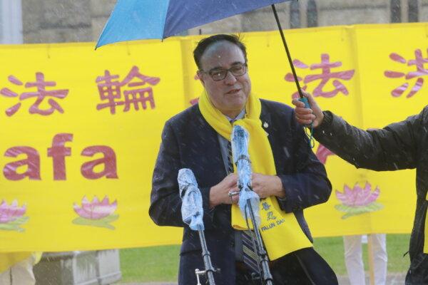 Conservative MP Dan Muys speaks during the Falun Dafa Day event on Parliament Hill in Ottawa on May 8, 2024. (Kano Ye/The Epoch Times)