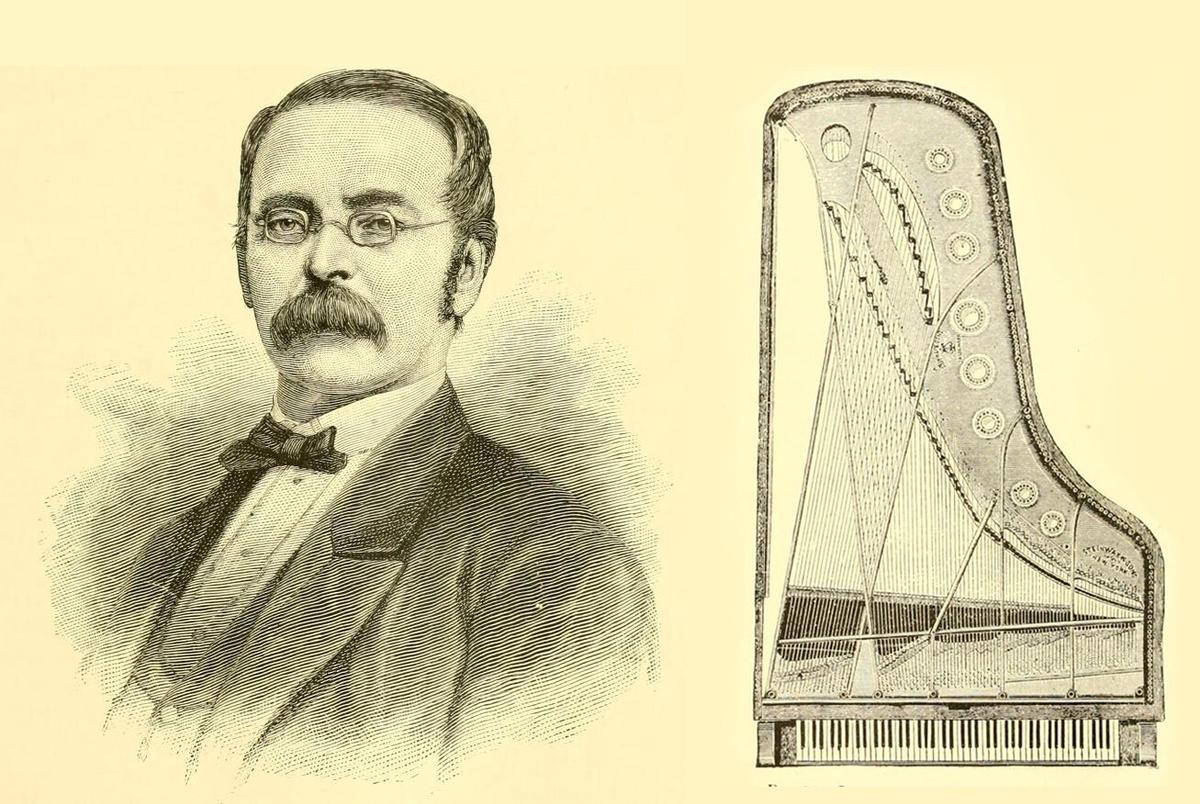 Steinway & Sons were the first develop overstringing. An illustration of Henry Steinway and the fan-shape disposition of strings in a Steinway grand, from "The Popular Science Monthly," 1891–1892. Internet Archive. (Public Domain)