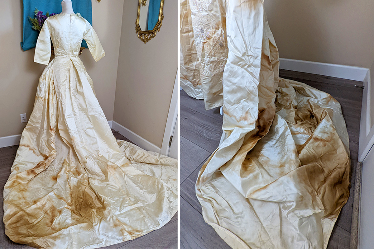 Woman Restores Moldy, Stained Vintage Wedding Dress Left Forgotten in Trash Bag—the Result Is Incredible