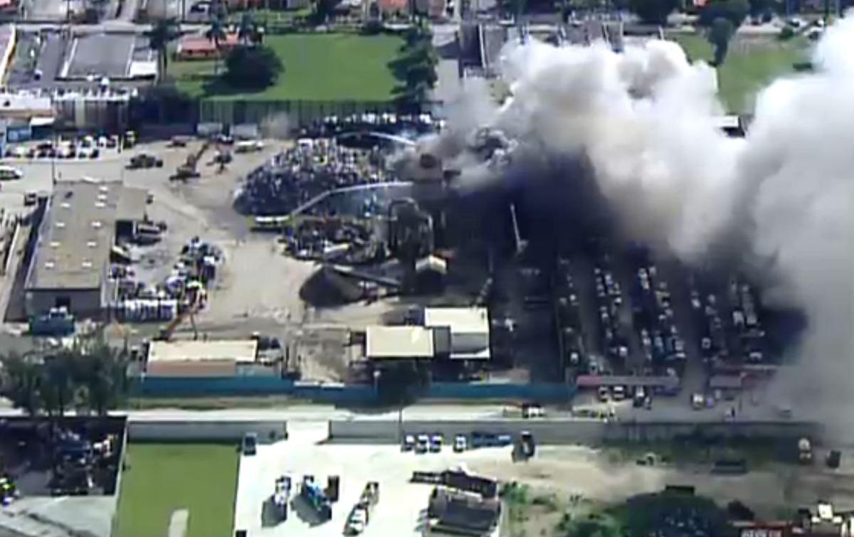 Miami: 300 Cars Burning at Recycling Plant in Opa-Locka Near I-95