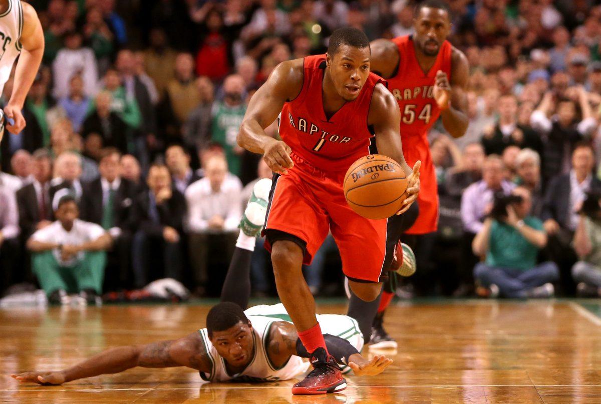 Kyle Lowry #7 of the Toronto Raptors steals the ball from Marcus Smart #36 of the Boston Celtics in the second half at TD Garden in Boston, Massachusetts, on Nov. 5, 2014. (Mike Lawrie/Getty Images)