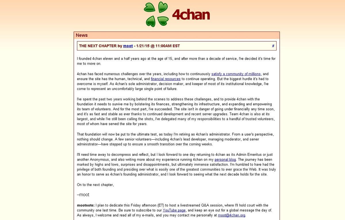 4chan Founder Moot, or Christopher Poole is ‘Retiring’ After 42 Billion Pageviews