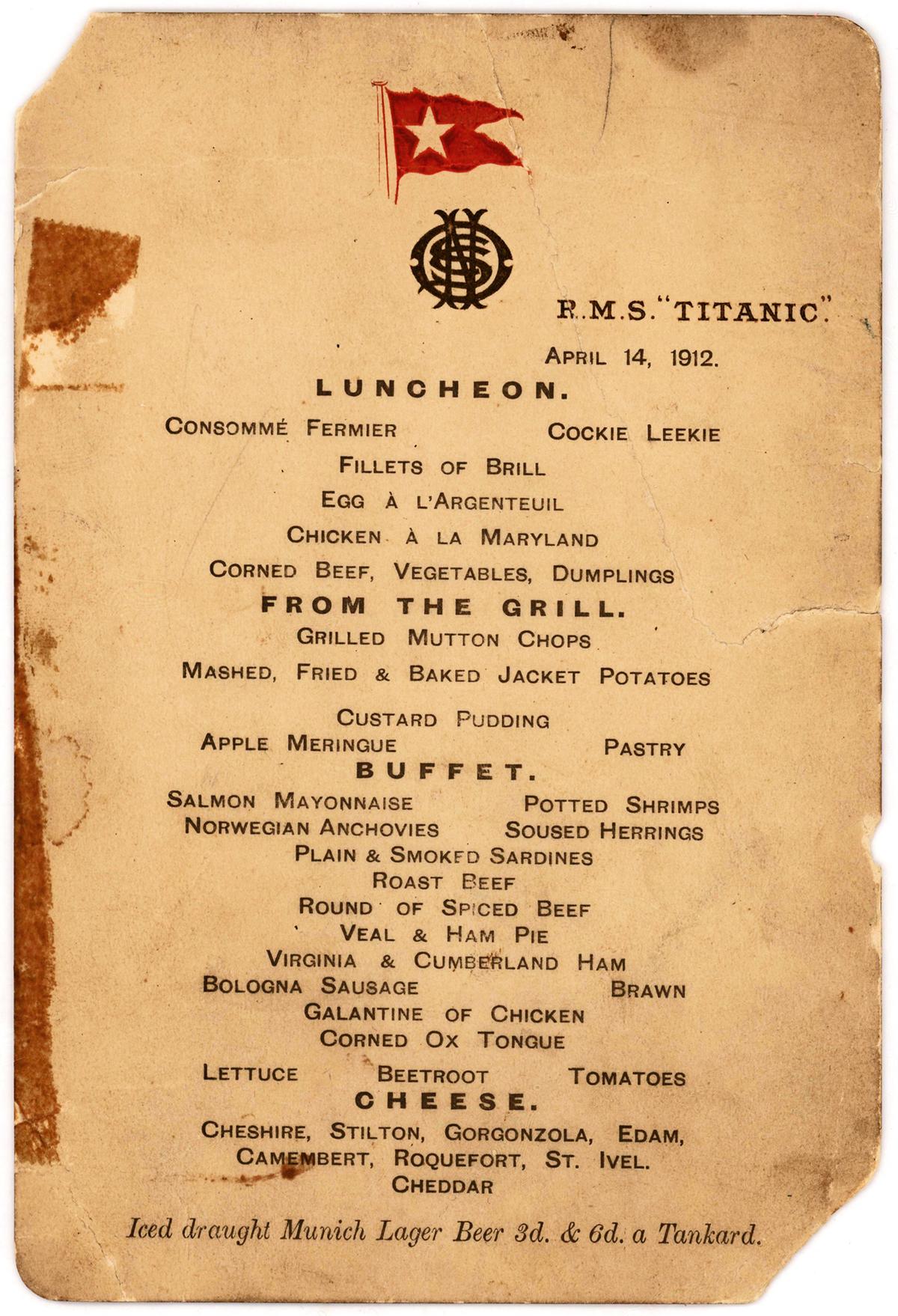 Last Titanic Lunch Menu, Saved by Survivor, Going to Auction
