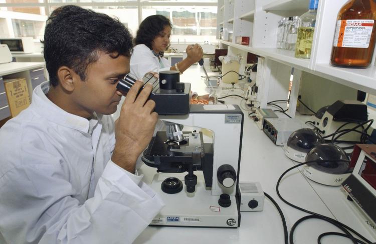 Scientists work in a laboratory in Bangalore, India, conducting research on finding a treatment for tuberculosis. Researchers have pioneered a new method to trace the origins of a tuberculosis outbreak. (Indranil Mukherjee/AFP/Getty Images)