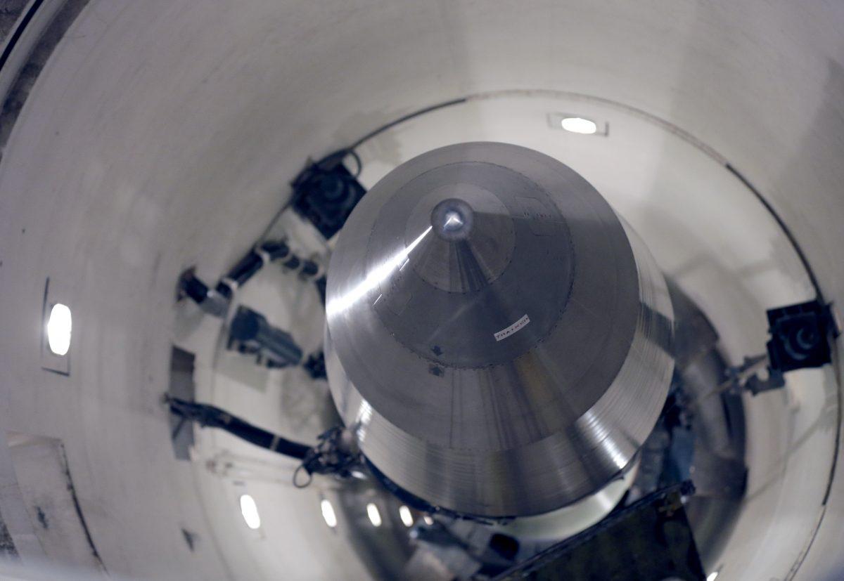 An inert Minuteman 3 missile in a training launch tube at Minot Air Force Base, N.D., on June 25, 2014. (Charlie Riedel/AP Photo)