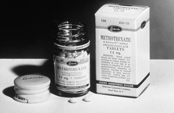 A bottle of Methotrexate, one of the first chemotherapeutic drugs used in the early 1950's. (National Cancer Institute, Public Domain)