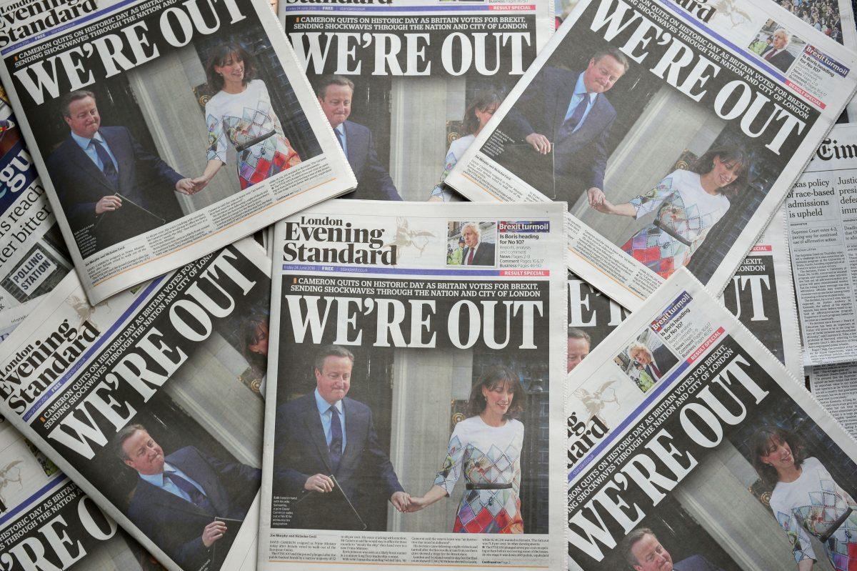 An arrangement of newspapers, after the UK's vote to leave the European Union in a June 23, 2016, referendum, pictured in London on June 24, 2016. (Daniel Sorabji/AFP/Getty Images)